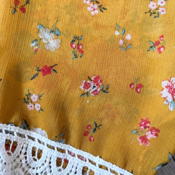 Rewind Floral Mustard Yellow Kimono with Crochet Lace Womens Extra Small Boho - Picture 10 of 10